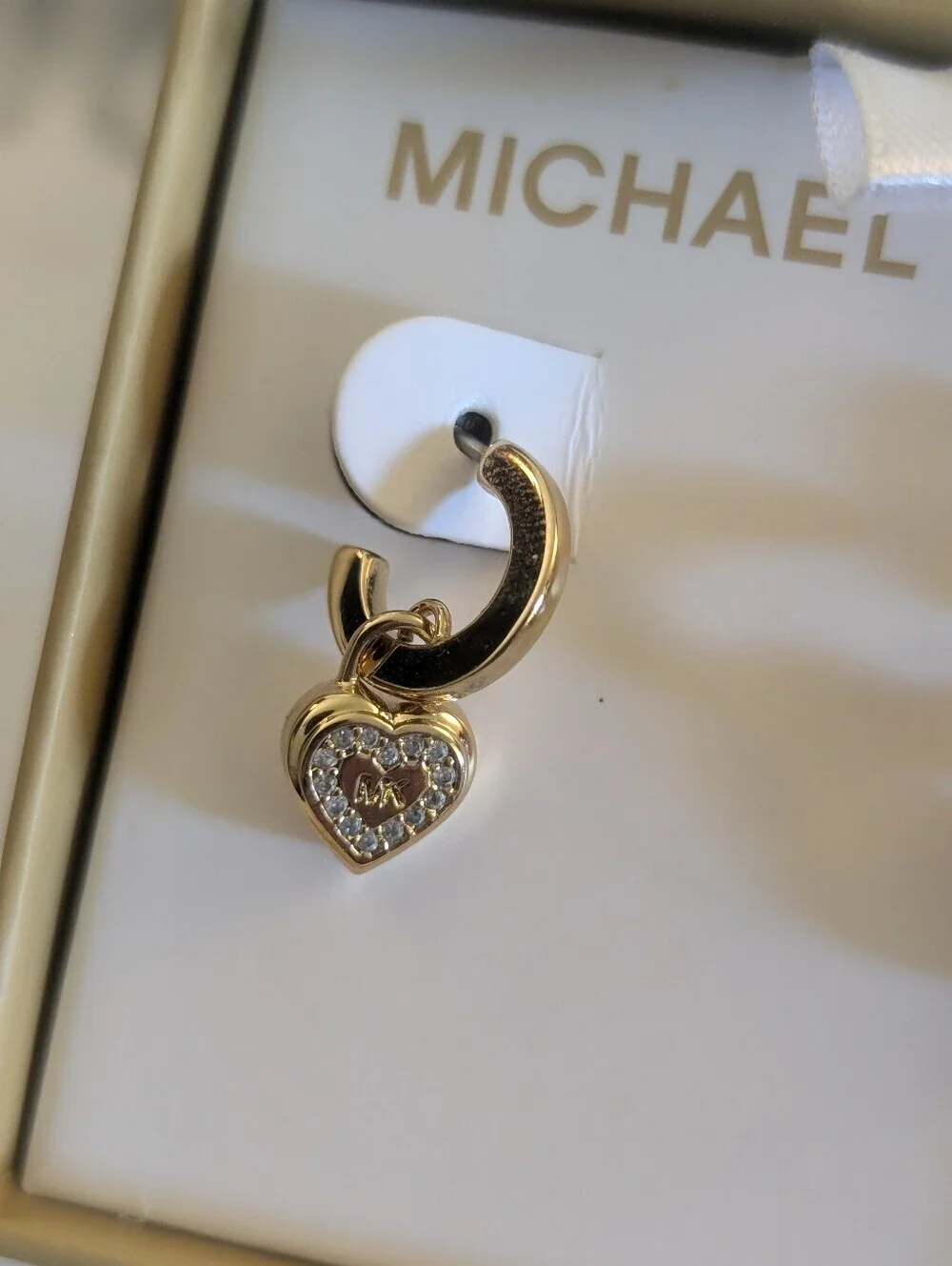 Michael Kors MK Logo Gold Plated Crystal Pave Heart Dangle Earrings
